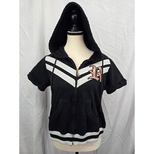 Rocawear Womens Short Sleeve Zip Up Hoodie Black Varsity Plaid Logo 1X XL